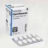 Ciprofloxacin 500mg film-coated tablets box and strip - Actiza brand, antibacterial medicine packaging