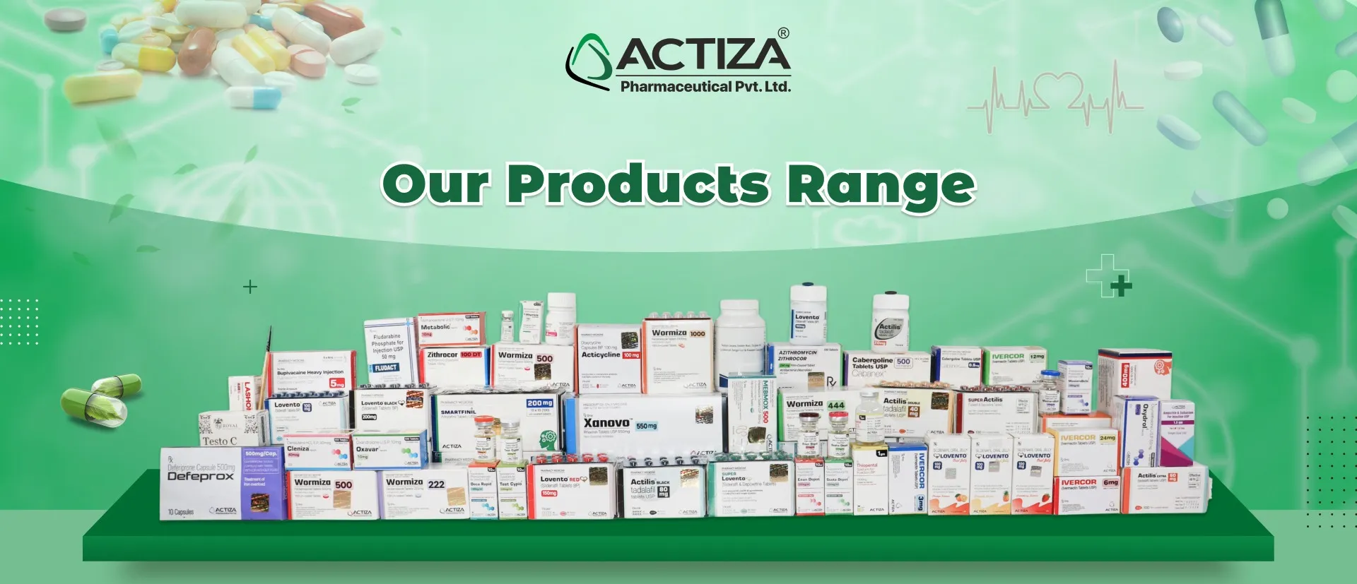 Comprehensive range of pharmaceutical products including tablets, capsules, and injectables by Actiza